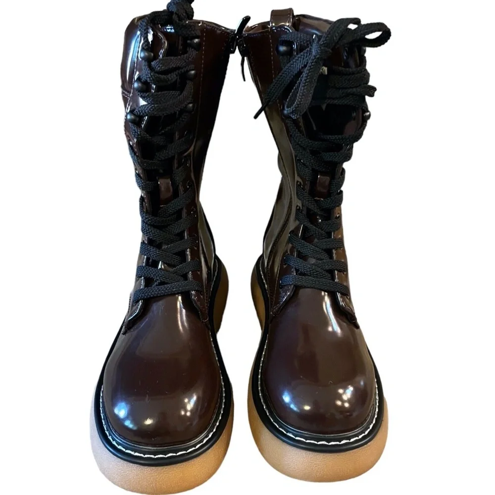 Dream Pairs‎ Girls Lace Up Chunky Platform Boots Size 5.5 Brown Side Zip